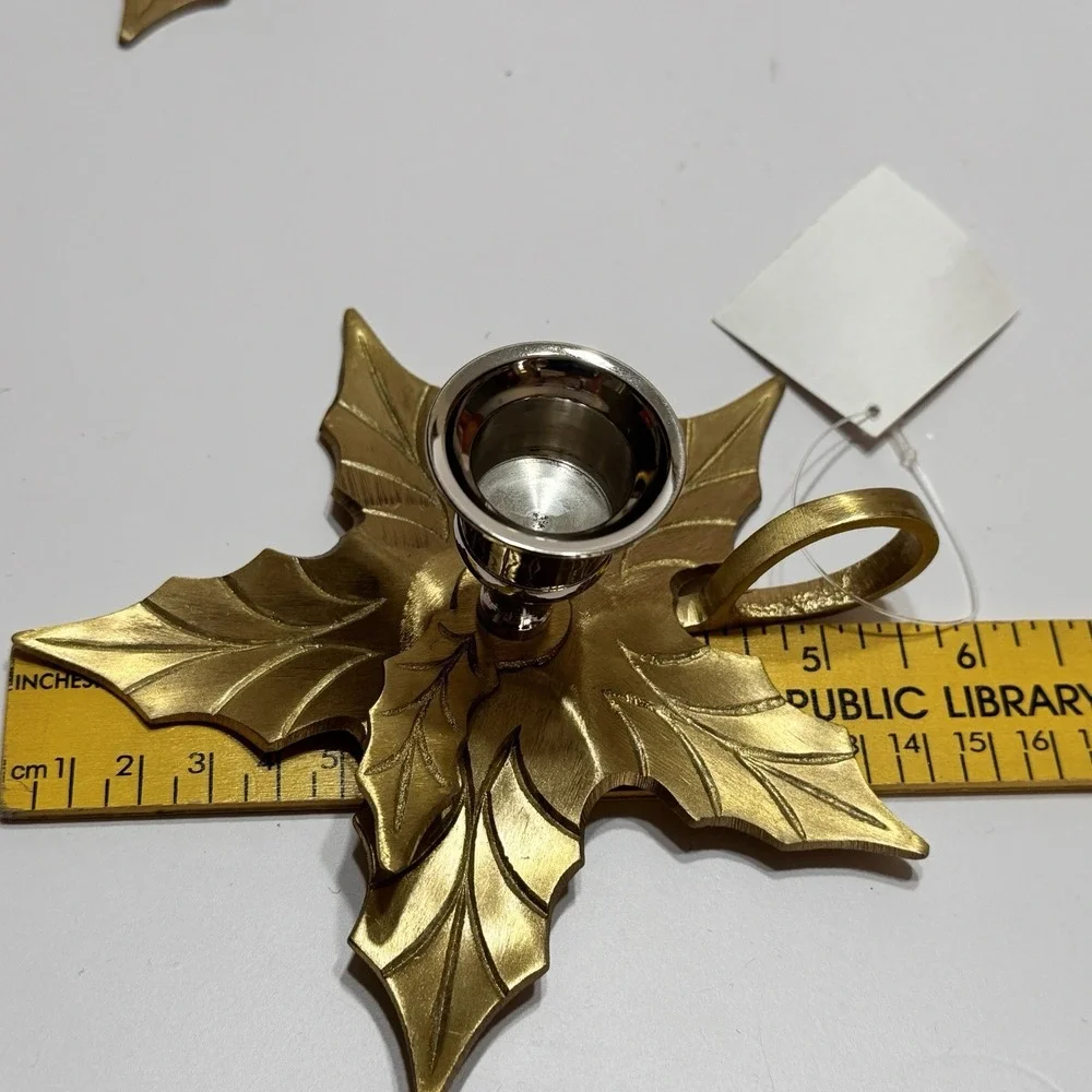 Pair Poinsettia Brass Leaf Candle Holder India Royal Gallery Christmas 2 Vtg New